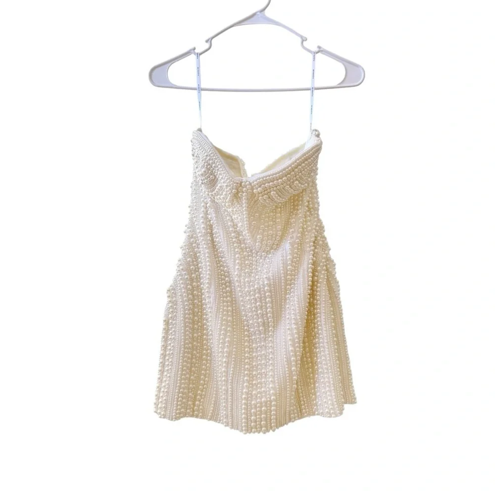 🆕 RETROFETE Deema Pearl Embellished Strapless Crepe Mini Dress Ivory Sz S - Picture 3 of 12